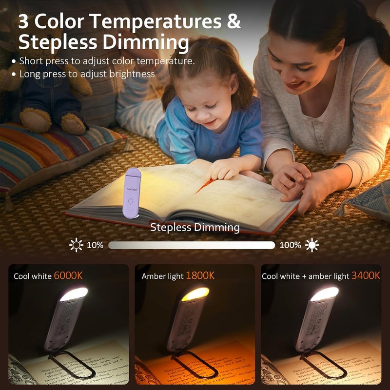 Akomid USB Rechargeable Book Light for Reading in Bed, 8 LEDs Bookmark Style Clip on, Eye-Cared Amber Light Mode for Kids, Blue Light Blocking, Stepless Dimming, Purple - Image 3